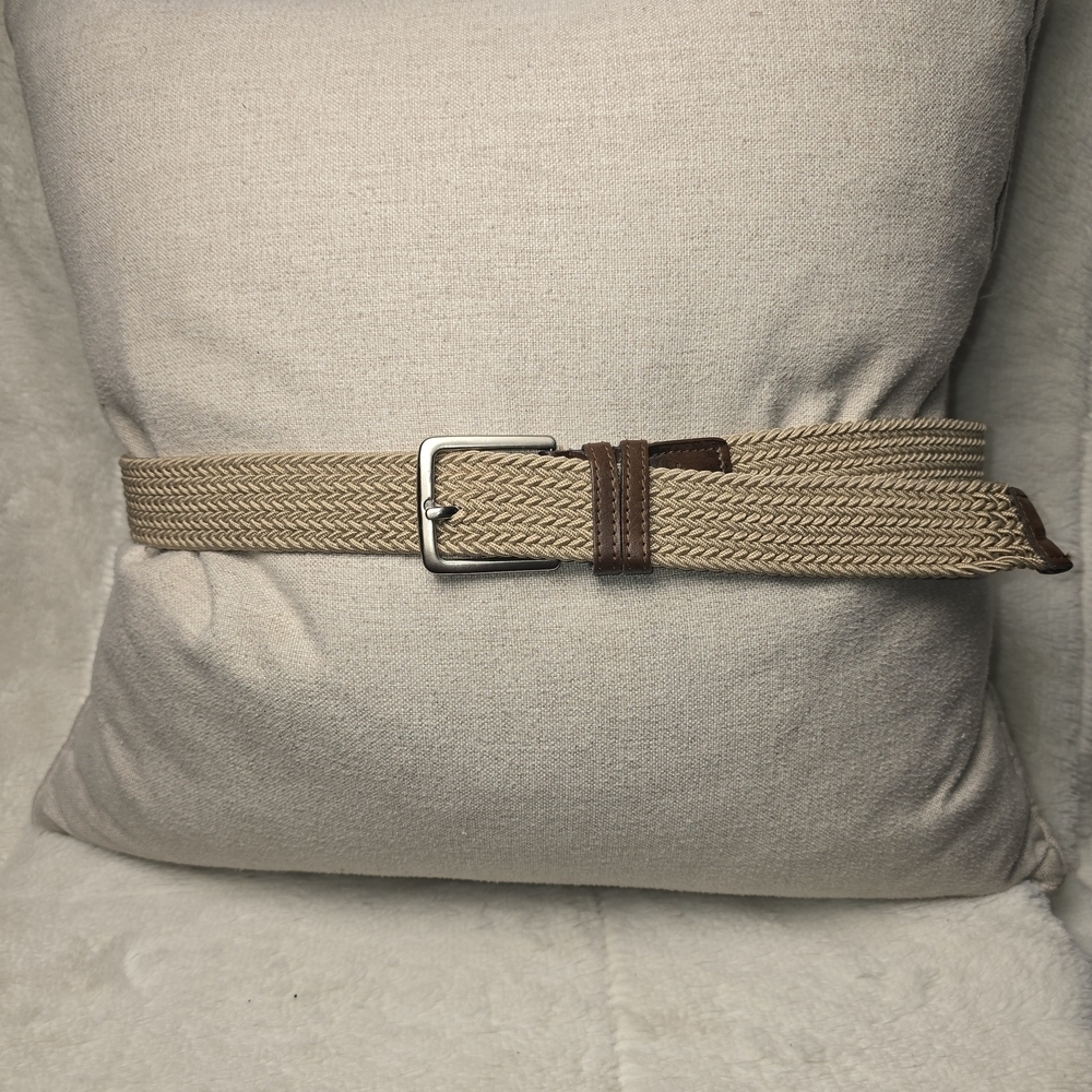 DOCKERS TAN CANVAS CLOTH BELT BROWN LEATHER ACCENTS MENS LARGE 38/40